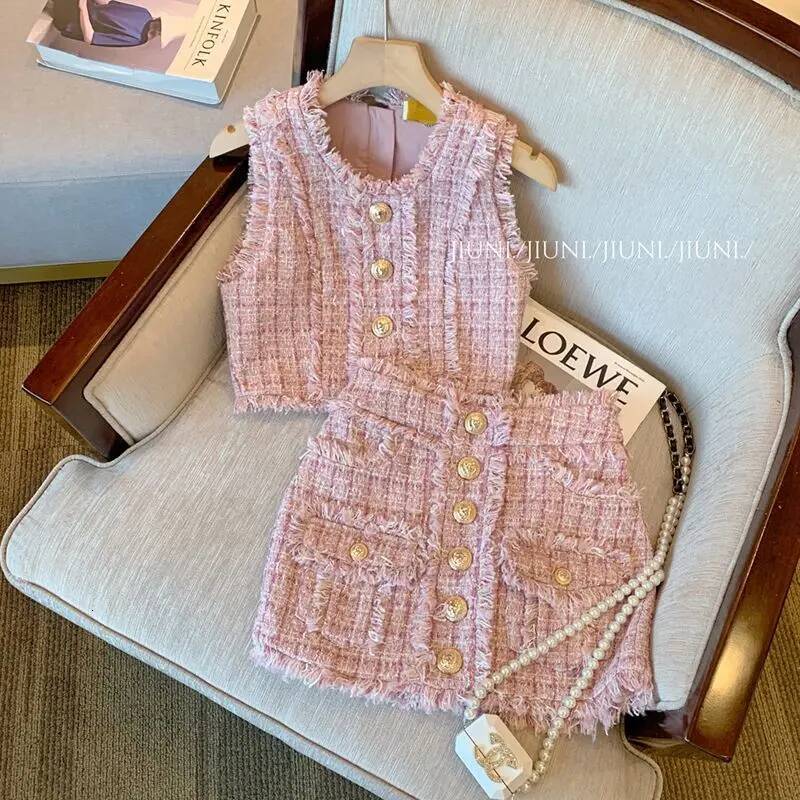 Pink Tweed 2 Pieces Sets Elegant Sleeveless Vest Women A-Line Korean Style Two Piece Skirt Suits Rich Girl Matching Outfit dongdumaoyi