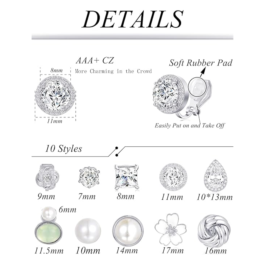 10Pairs Clip on Stud Earrings Non Pierced Teardrop Round Square CZ Pearl Twist Knot Flower Heart Star Rainbow Cat Opal Clip on Earrings for Women Silv