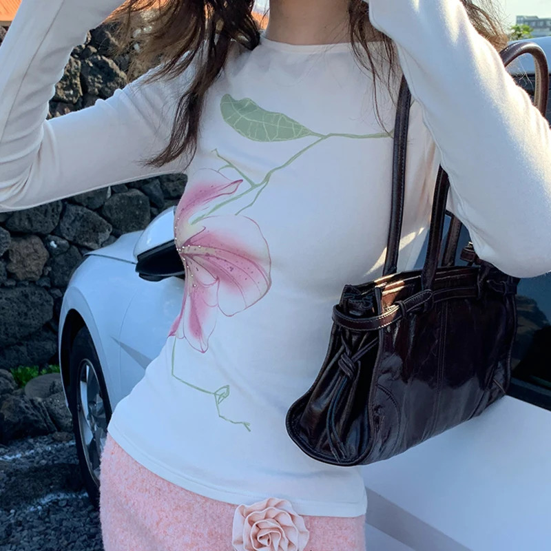 Lamuusaa Fairy Coquette Top Women y2k Clothing Rhinestone Floral Print Round Neck Long Sleeve T Shirts 2000s Clothes Streetwear 250730