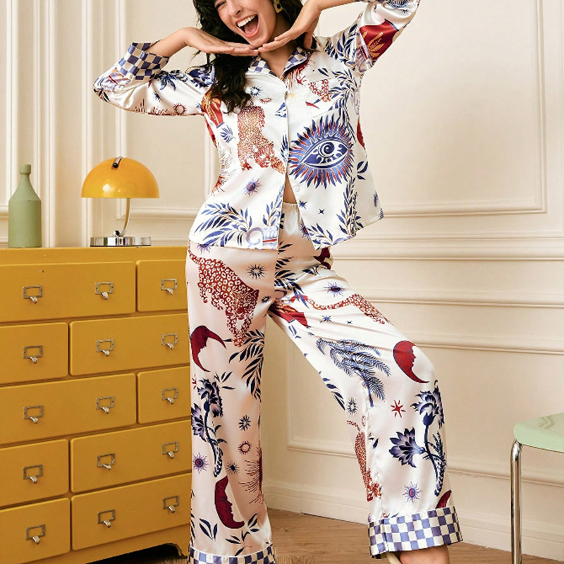 2025 New Women's Spring and Autumn Silk Color-Printed Long-Sleeved Long Pants Pajama Set Homewear