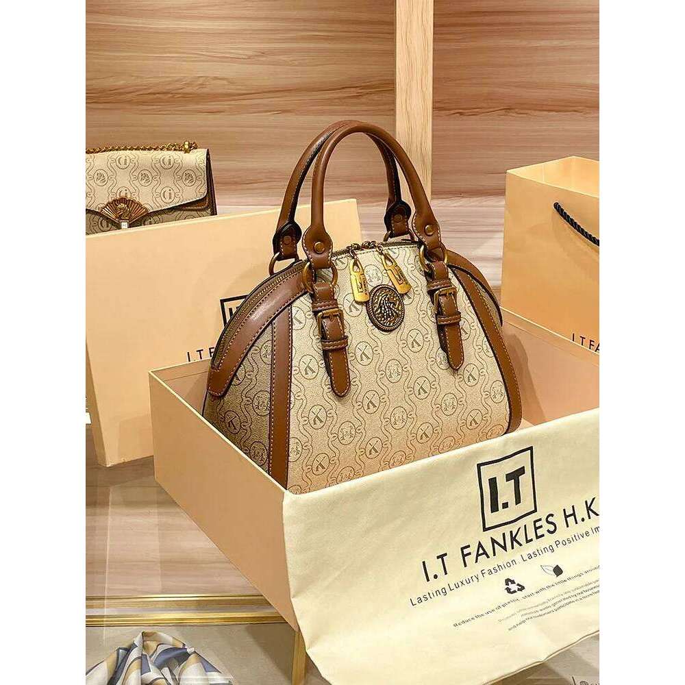 Khaki Retro Leather Women's Handbag Fashion Geometric Floral Shoulder Bag Hundred Splicing Color Collision Girls Crossbody