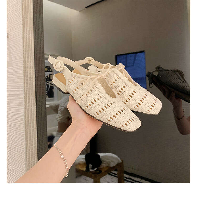 Sheepskin~Grape Mom Hollow Woven Closed-Toe Sandals Genuine Leather Summer Outdoor Vacation Backless Single Shoes for Women