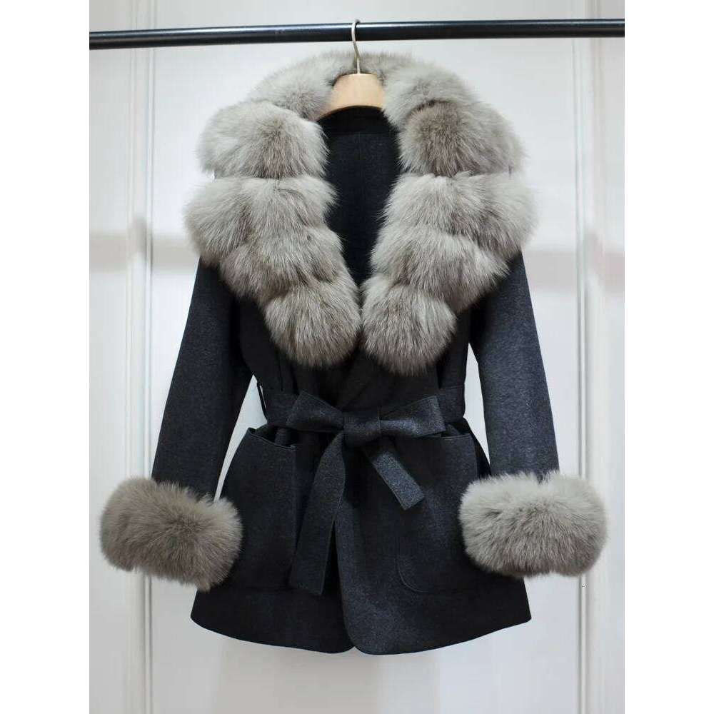 Designer Clothing Janveny New Winter Cashmere Wool Blends Women 100% Natural Fox Fur Collar Cuffs Slim Fit Suit Double Sided Woolen Trench Coat Fashio