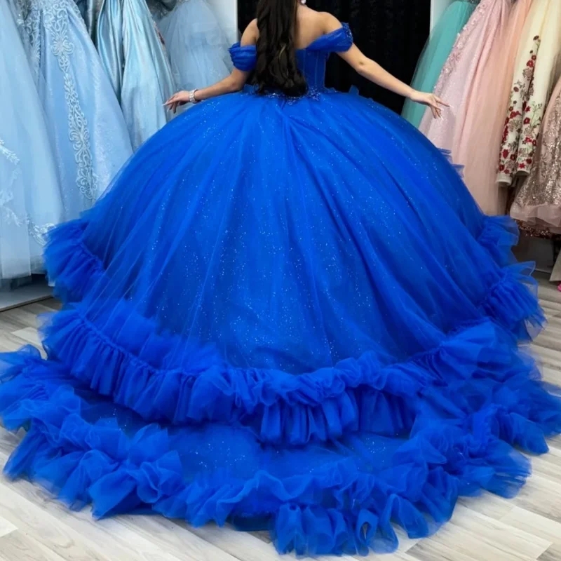 Royal Blue Shiny Quinceanera Dresses Ball Gown Off The Shoulder Applique Beads Tiered Tull Party Birthday Sweet 16 Dress Vestidos 15 Anos