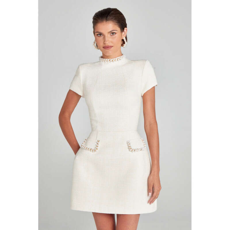 2024 New Elegant Slim Fit Round Neck Beaded Little Black Dress for Women