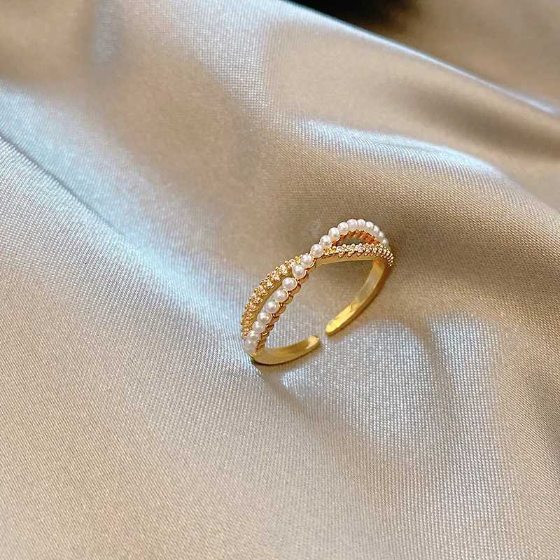 Stainless Steel Temperament Pearl and Zircon Double Layer Crossing Rings for Women Luxury Finger Jewelry Bride Gift Colorfast y250730