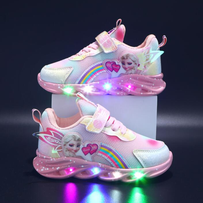 Cartoon LED casual sports shoes pink purple girls ice and snow Elsa princess printed outdoor shoes children's lightweight anti slip shoes