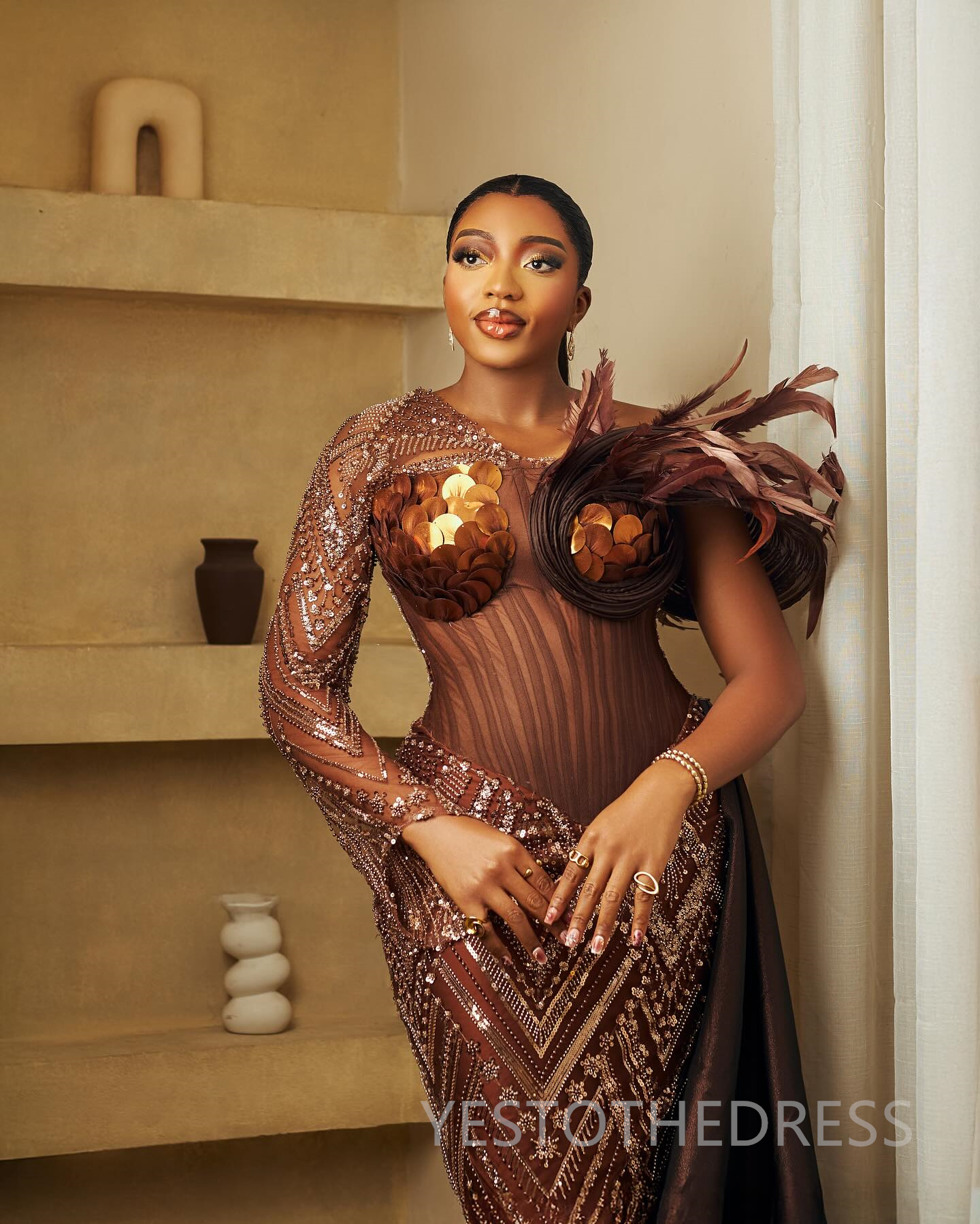 2025 Plus Size Brown Prom Dress Feather Evening Dresses Formal Gowns Beaded Lace Long Sleeves Pleated Pearls Birthday Dress Second Reception Gowns AM2