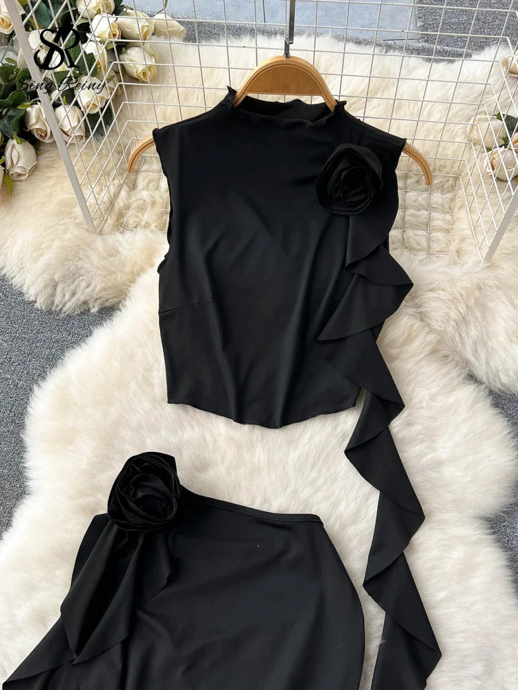SINGREINY Women Sexy Two Pieces Suits Sleeveless Ruffles Short BlouseBodycon Flower Mini Skirt Fashion Streetwear Beach Sets 250730