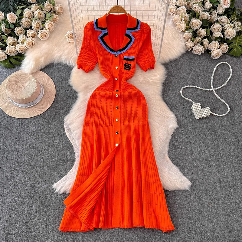 New Polo Collar Women's Elegant Slim Knitted Dress Summer Short Sleeve Long