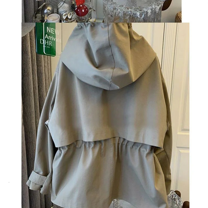 Korean Vintage Long Sleeved Casual Short Windbreak Jacket Women Hood Drawstring Zipper Jacket Oversized Windbreaker Jaquetas 250728