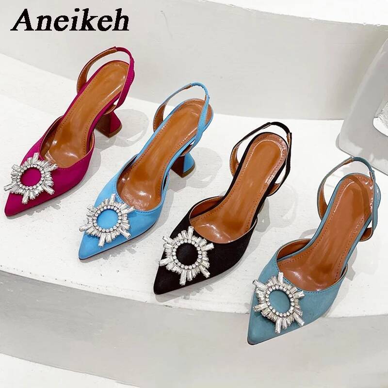 Aneikeh Brand Women Silk Crystal Butterfly Knot High Heels Summer Pointed Shoes Triangle Heeled Bride Pumps