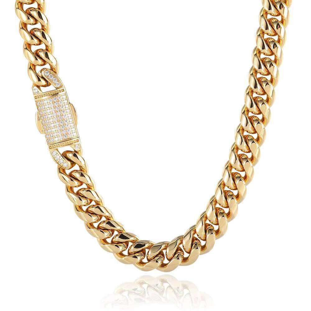 Best Seller Men's Personalized Stainless Steel Cuban Link Chain Necklace Full Dia Hip-Hop Style Gold Plating Spring Buckle