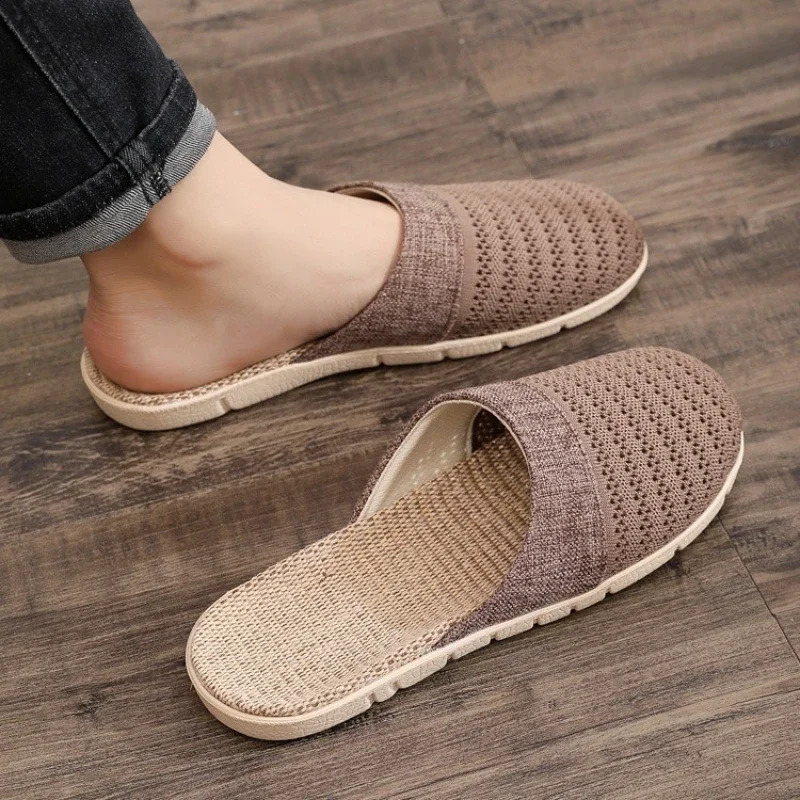 Women Indoor Linen Slippers 2025 Spring Summer Shoes Anti-slip Light Weight Breathable Lace Couples Home Floor Slides 250725