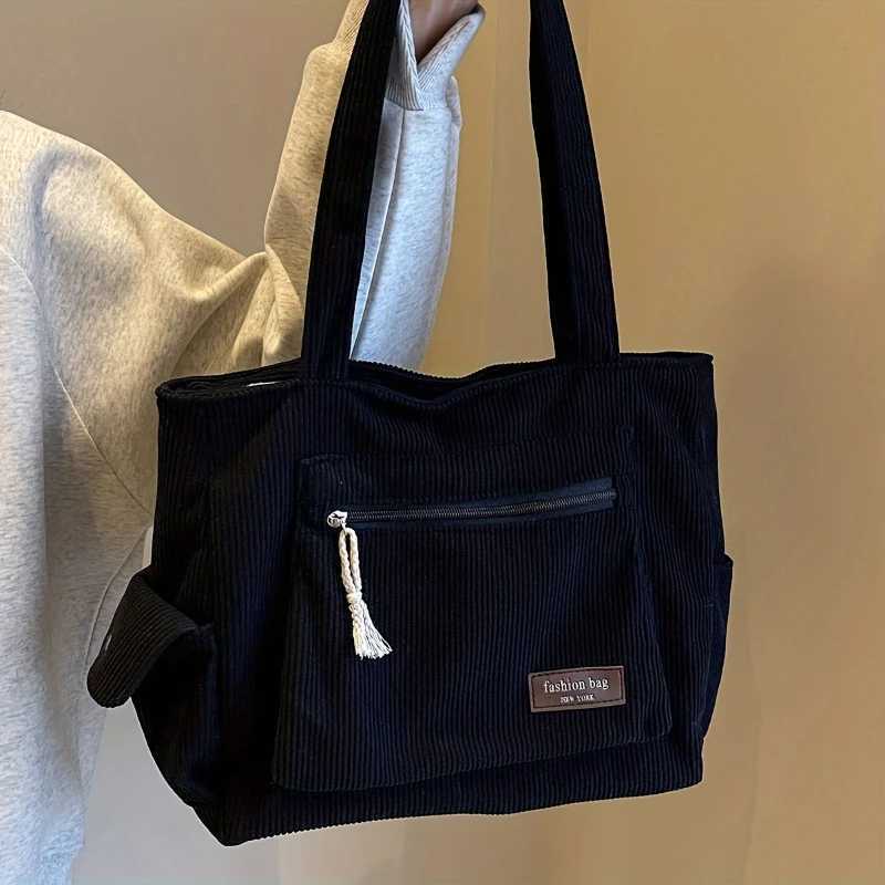 Simple Corduroy Tote Bag Solid Color Shoulder Bag Multi Pockets Handbag For School Work Shopping Y250730