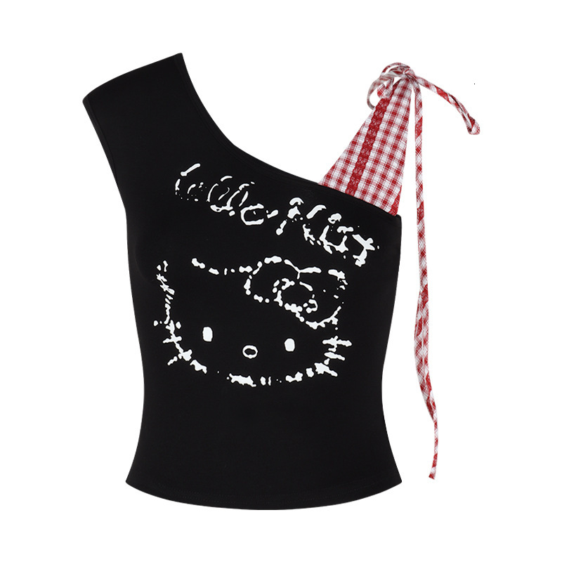 2025 summer new white checkered asymmetrical shoulder vest design sense niche off shoulder spicy girl designer T-shirt designer short sleeved women�