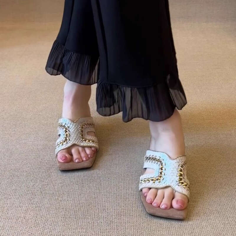 Sheepskin Version~ Wedge Woven Square Toe Slippers for Women Summer Outdoor Elegant Style Comfortable One-Strap High Heel Sandals