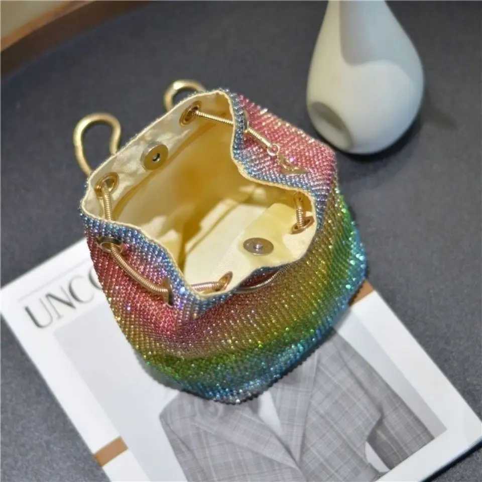 Korean Version Crossbody Bags Women Crystals Bucket Bling Fashion All-match Rainbow Mixed Colors Purse Shoulder Bags Y250730