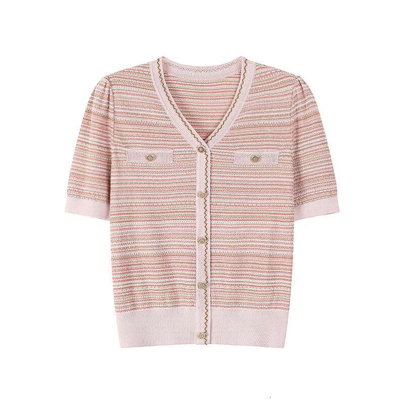 Designer Clothing 2025I BELIEVE YOU Knitted Sweater New Summer Women Blue V-Neck Button French Shiny Sier Stripes Commuting Pullovers