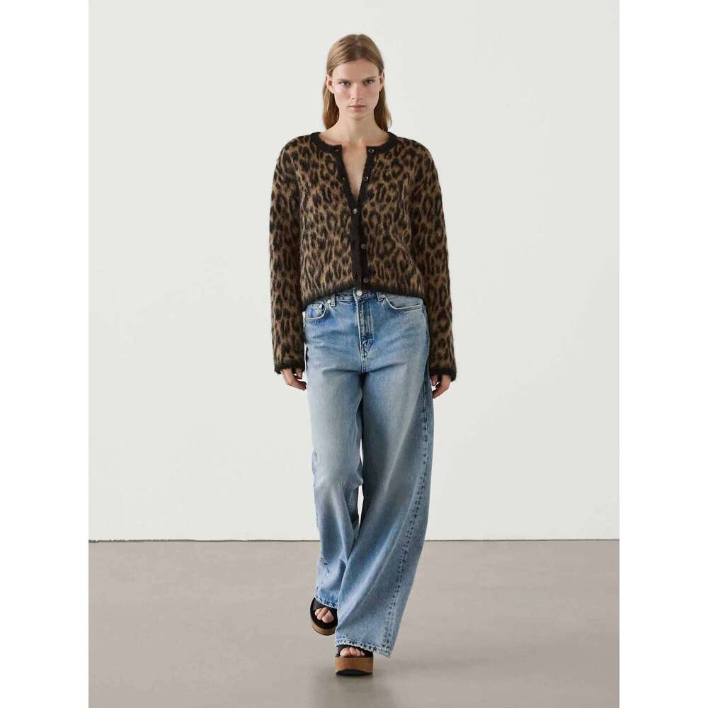 Ethereal MD 2025 Massidutti Spring New Style Of American Vintage Brown Leopard Print Soft Waxy Round Neck Cardigan Short Coat 250728