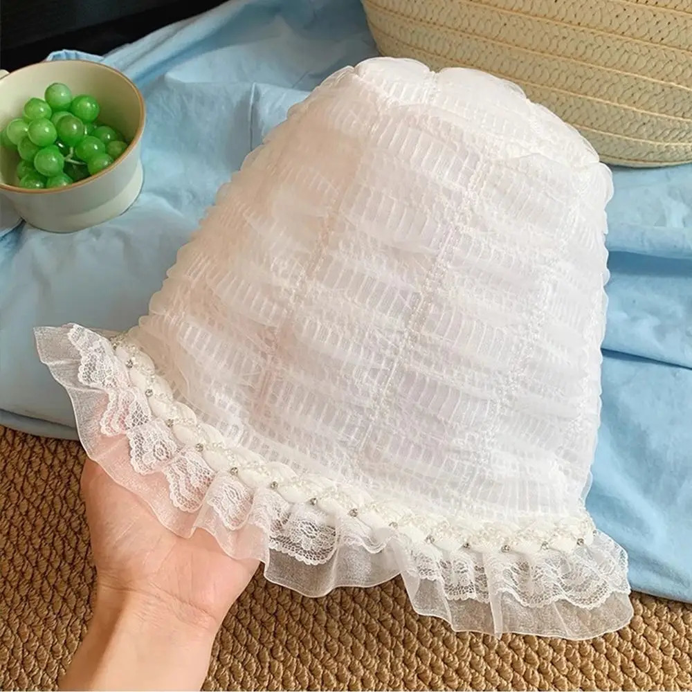 French Summer Lace Bucket Hat White Lolita Fisherman Hat Wide Brim Thin Visor Basin Cap Girls 250724