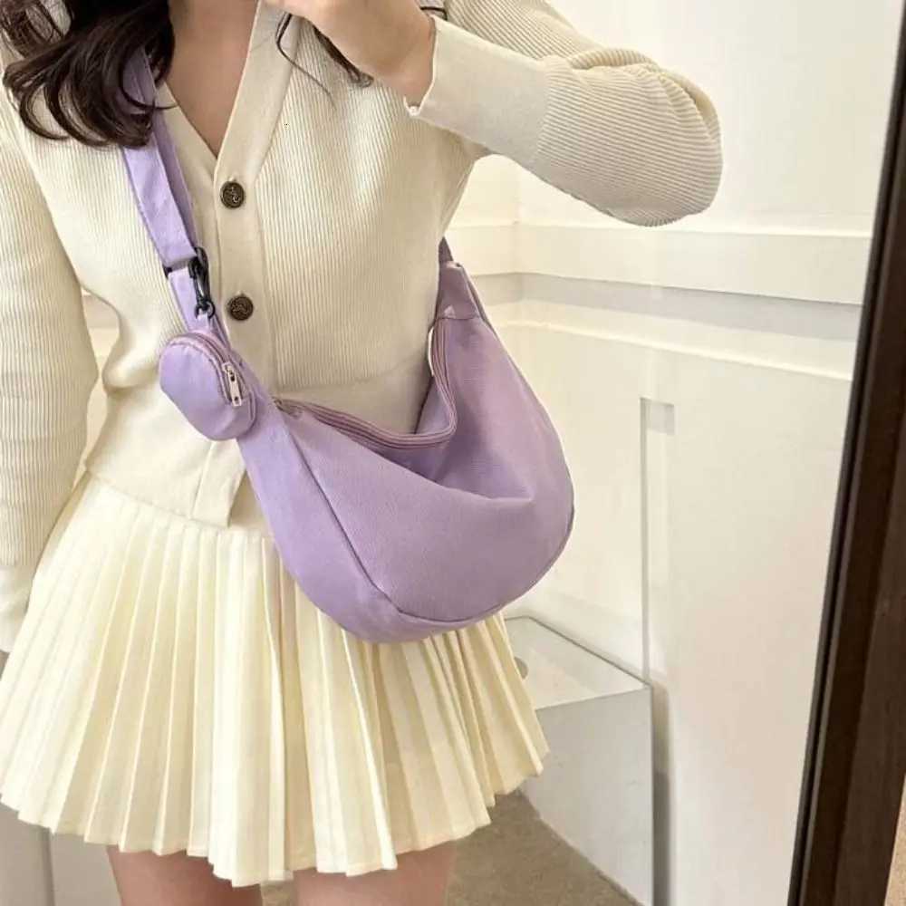 Korean Style Lightweight Shoulder Bag Cream Color Solid Color Canvas Bag with Coin Purse Messenger Bag Large Capacity Y250730