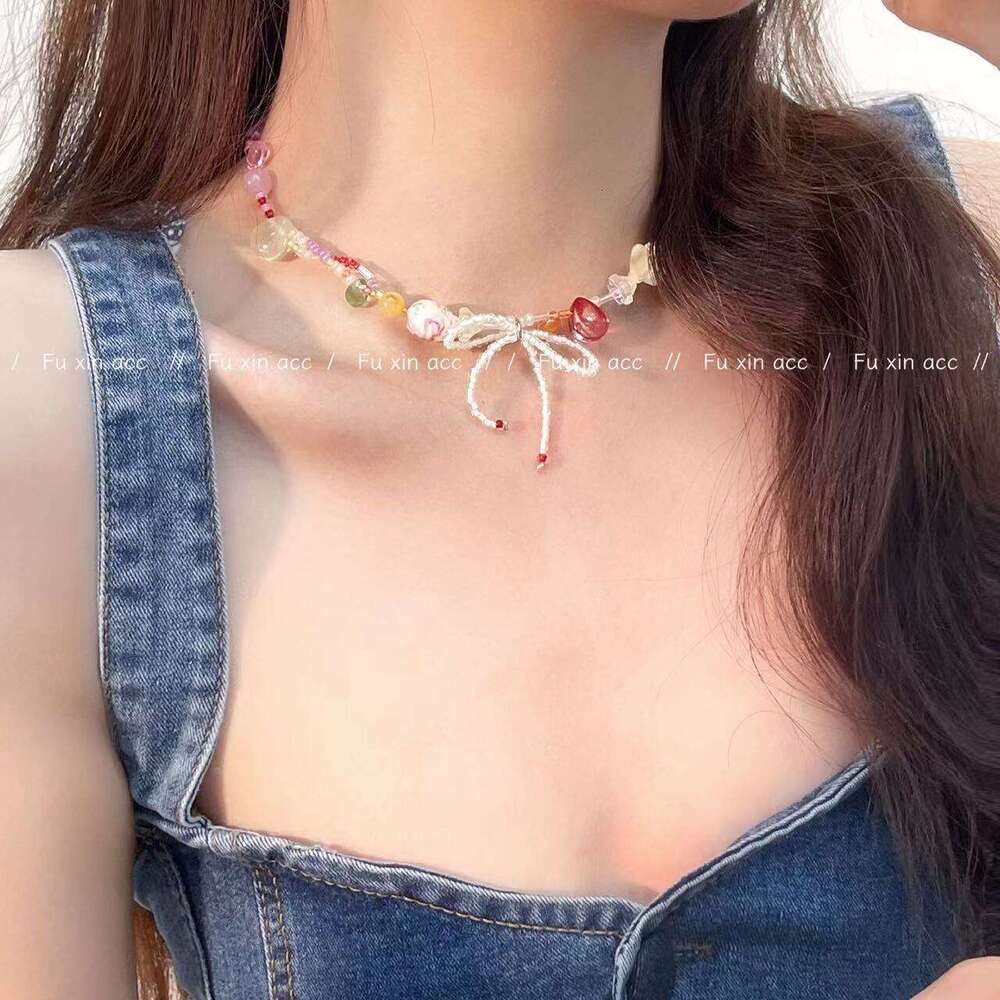 Dopamine Colorful Beaded Necklace Niche Design Sweet White Rice Beads Collarbone Chain Energetic Girl Essential Choker c14
