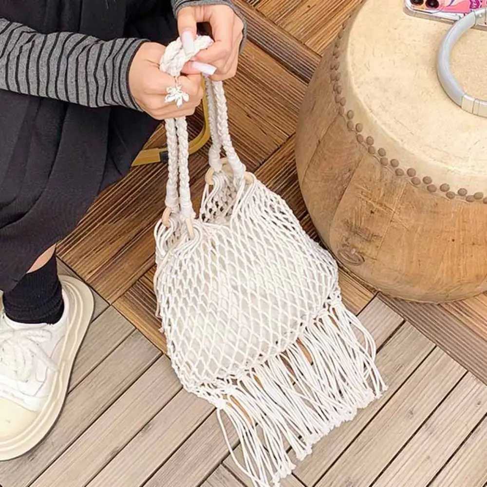 Hollow Out Cotton Thread Woven Bag Tote Bag Bohemian Style Tassel Beach Bag Beach Handbag Bucket Bag Hollow Shoulder Bag Summer Y250730