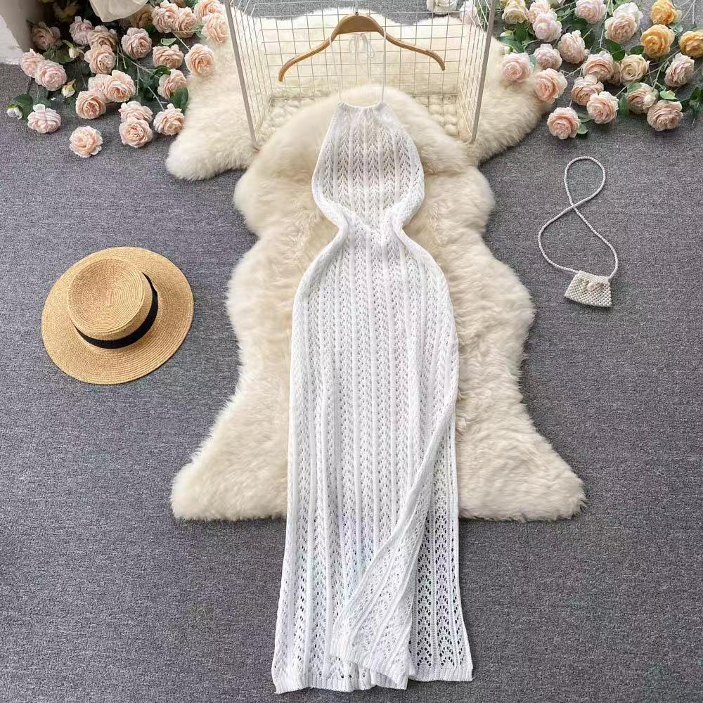 Ladies temperament hanging neck sleeveless hollow knit dress female slim split holiday skirt