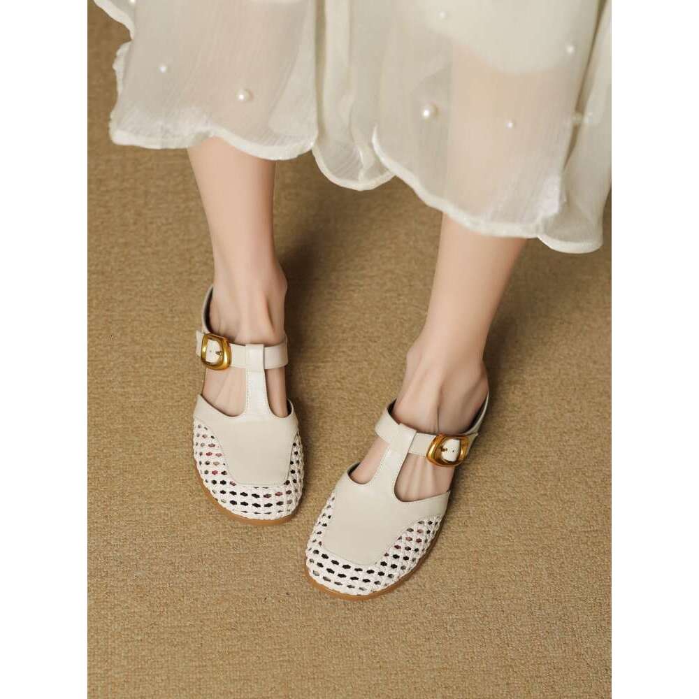 2025 New Genuine Leather Handmade Casual Versatile Fashion Hollow Mesh Flat T-Strap Closed-Toe Sandals for Women