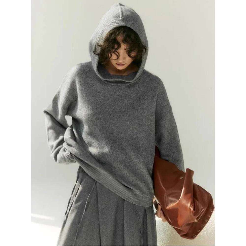 American Retro Gray Hooded Sweater, Women's Autumn Winter High-End Temperament, Simple And Casual Base Knit Sweater 250728