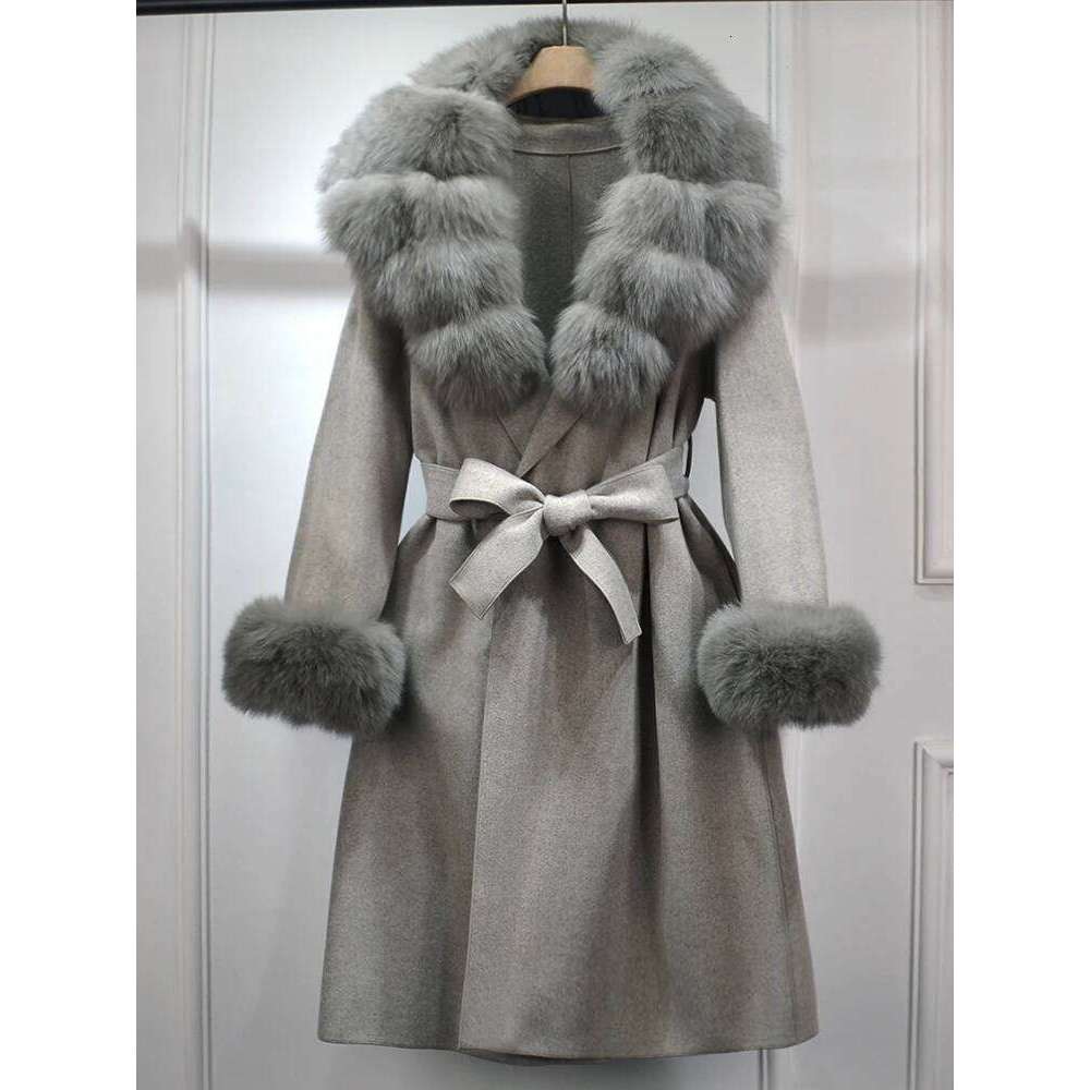 Designer Clothing Janveny 2025 New Fashion Autumn Winter Jacket Women Long Woolen Blend Cashmere Coat Belt Big Real Fox Fur Collar Warm Streetwear Fas