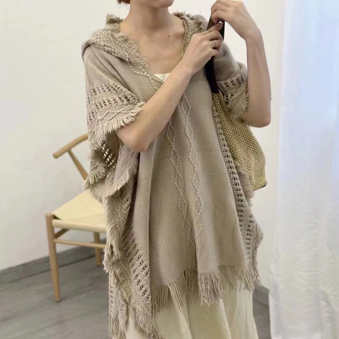 Hooded Crochet Cloak Poncho Shawl - Boho Chic Fringed Knit Wrap for Women Spring-Autumn Versatile Outerwear 250729