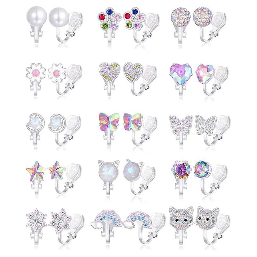 15Pairs Clip on Stud Earrings Non Pierced Teardrop Round Square CZ Pearl Twist Knot Flower Butterfly Heart Star Rainbow Cat Opal Clip on Earrings for 