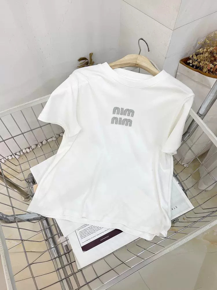 Summer fashion hot diamond letter cotton loose white casual short sleeve T-shirt top women