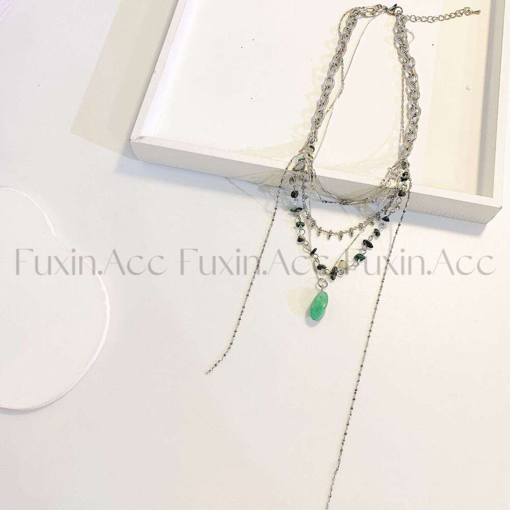 Fuxin New Multi-layer Tassel Turquoise Necklace Emerald Pendant Collarbone Chain Niche Design High-end Choker 53e