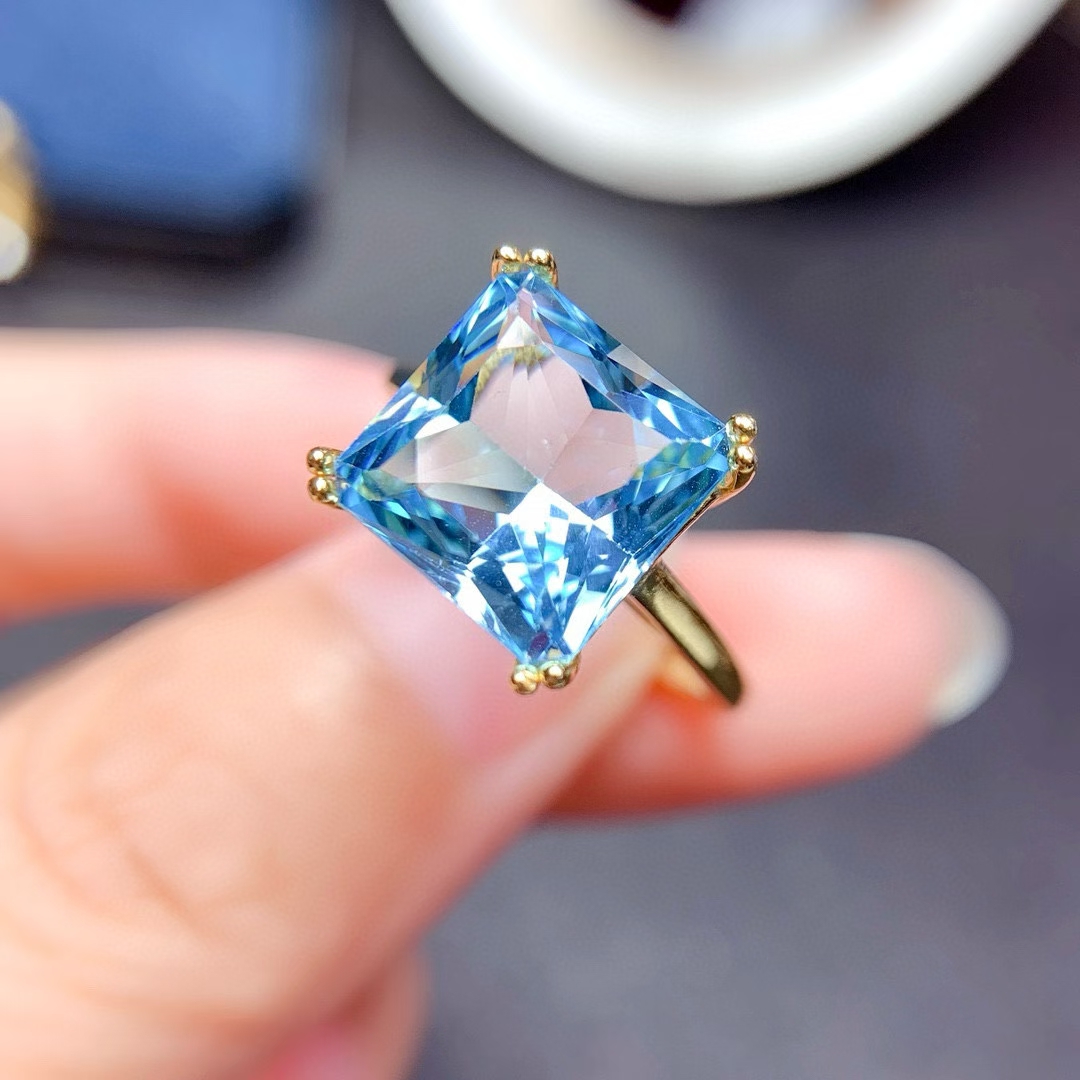 Pure Light Blue Natural Topaz Ring 8mm*10mm 3ct London Blue Topaz 925 Silver Ring 18K Gold Plated Genuine Topaz Jewelry for Daily Wear