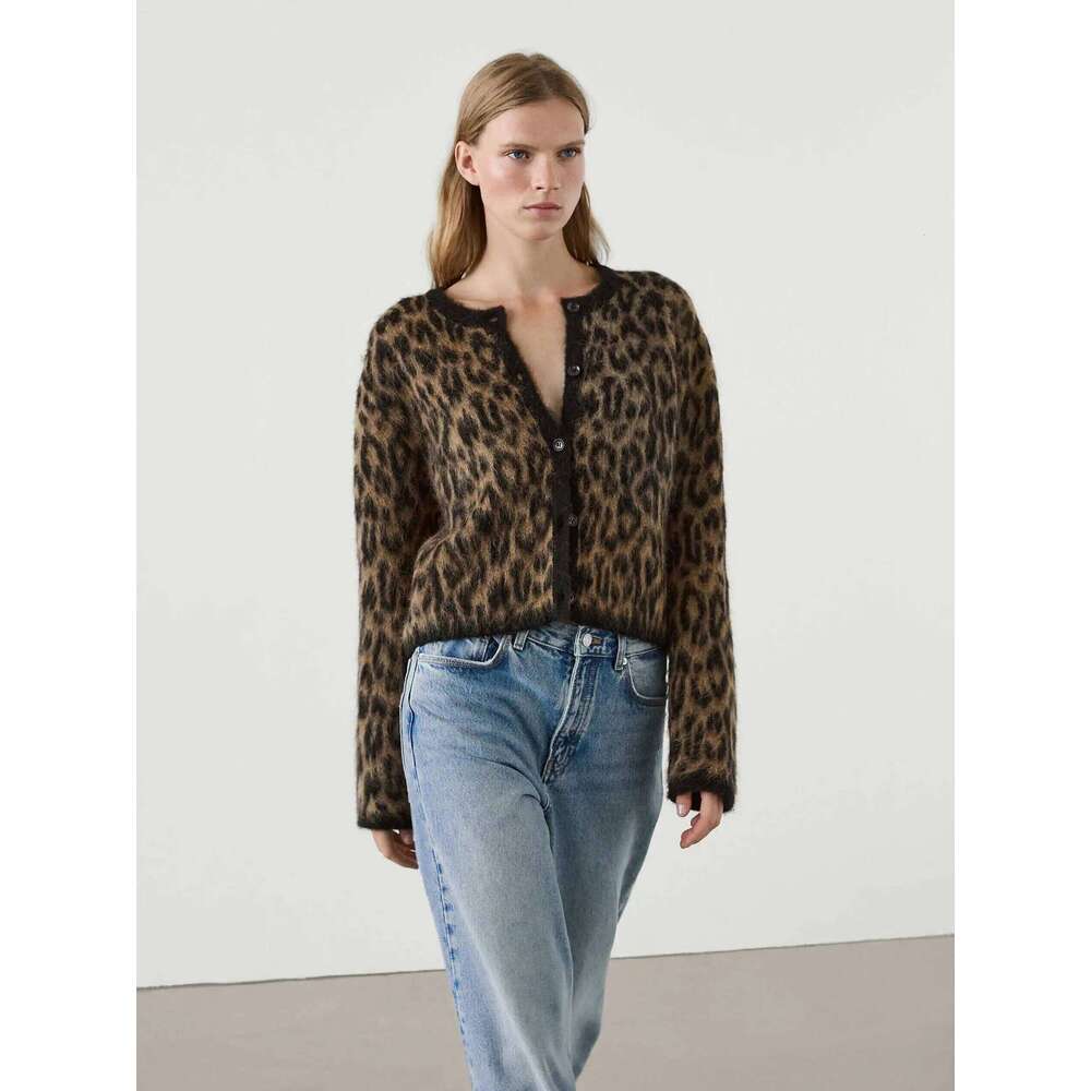 Ethereal MD 2025 Massidutti Spring New Style Of American Vintage Brown Leopard Print Soft Waxy Round Neck Cardigan Short Coat 250728
