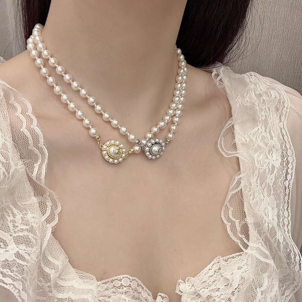 Empress Dowager Saturn Chain Round Disc Inlaid Pearl Detachable Necklace 2025 Spring New Model 1da