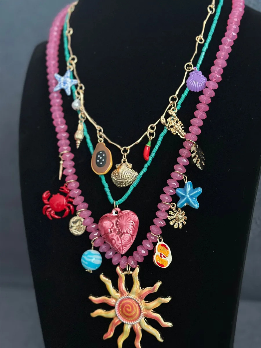 Summer Ocean Vacation Beaded Charms Sun Heart Conch Crab Pendant Necklaces for Women Beach Party Jewelry Neck Accessories 250716