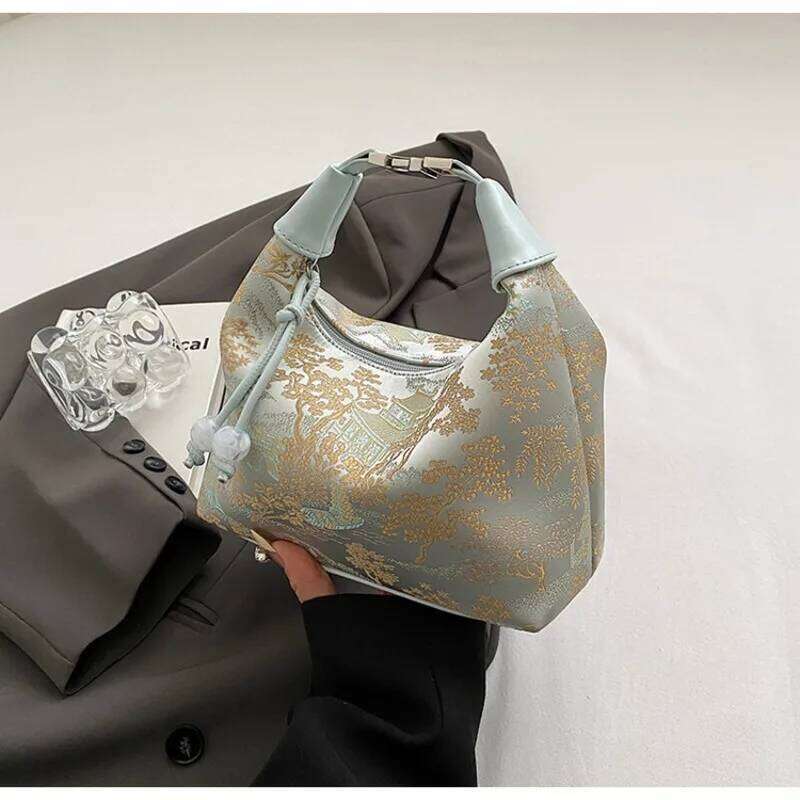 Fashion Sweet Embroidery Shoulder Nylon Texture Pearl Pendant Crossbody Bag Small Bucket Women Girl Storage Handbag