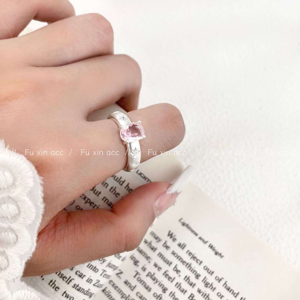 Meteor Silver White Brushed Pink Zircon Korean Style Exquisite Gentle Open Ring Niche Fashion High-end Design Jewelry c43