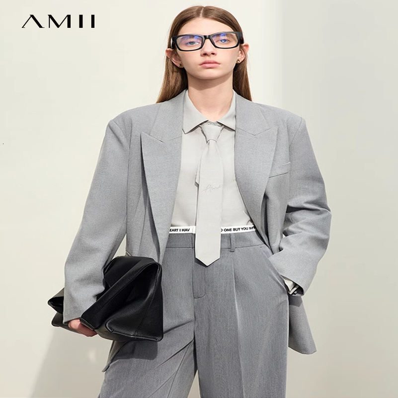 AMII Minimalist Retro Blazer for Women Autumn Long Loose Full Sleeve Solid Slit Basics Tailored Coat12343230 w250729