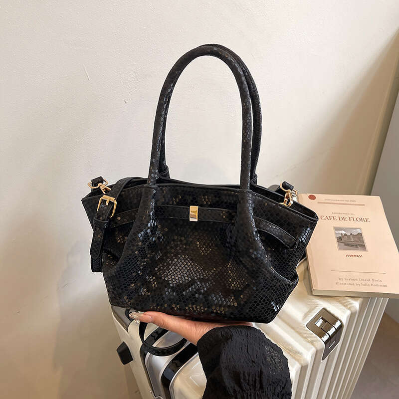 Handbag - Black Serpentine PU Leather Metal Decorative Single Shoulder Crossbody Bag, Fashionable and Versatile Commuter Women's Bag