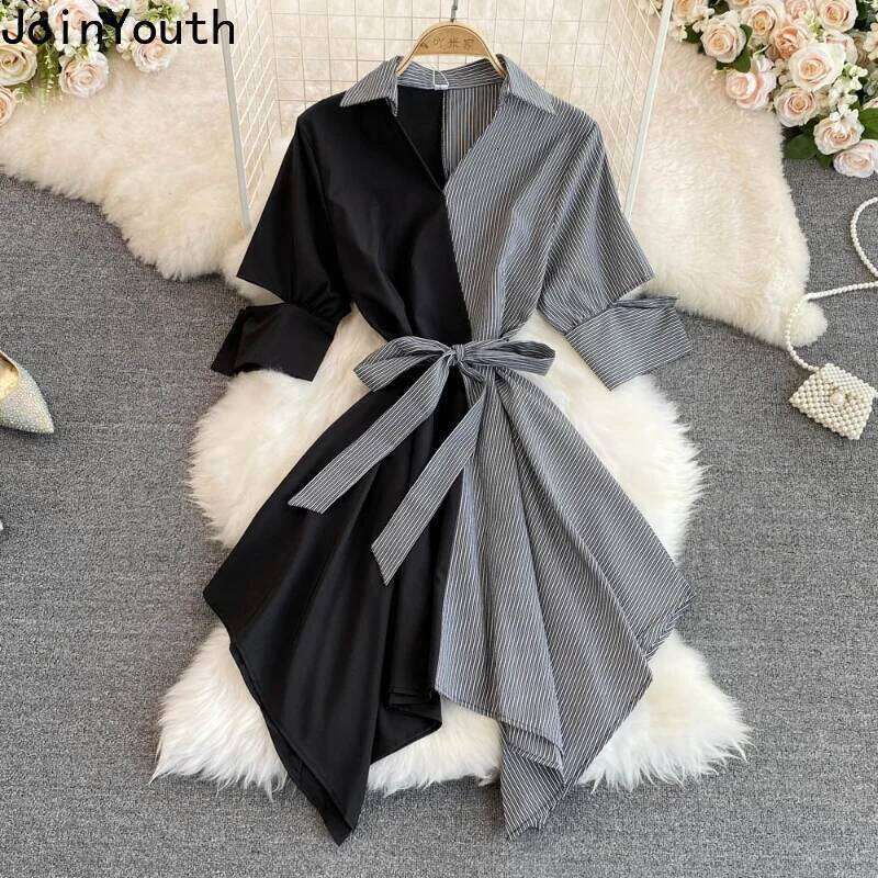Striped Women Fashion Summer Patchwork Dresses Korean Irregular Long Robe Shirt Dress Elegant Bandage Femme Vestidos