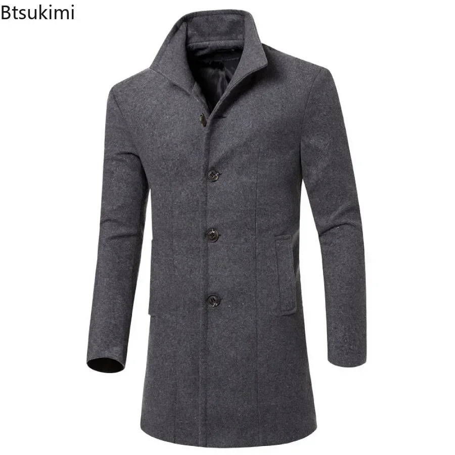 2025 Mens Warm Woolen Trench Jacket Solid Slim Woollen Coats Male Fashion Windproof Stand Collar Long Outwear for Men 250729