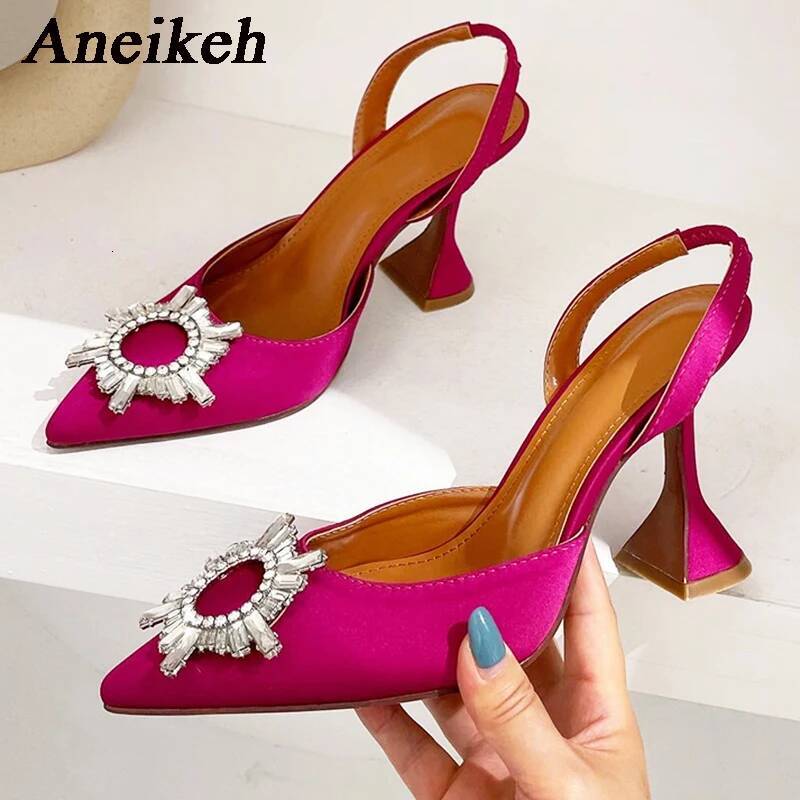 Aneikeh Brand Women Silk Crystal Butterfly Knot High Heels Summer Pointed Shoes Triangle Heeled Bride Pumps
