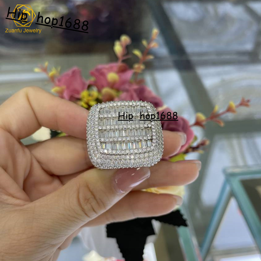 NEW 925 Sterling Silver GRA Hip Hop Iced Out Bling Ring VVS Baguette Cut Moissanite Gift for Men and Women Passes Diamond Tester