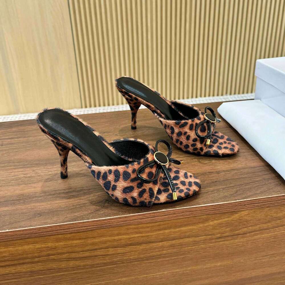 Women Size35-43 Leopard Horsehair Slippers Super High Heels Butterfly Knot Summer Slide Designer Shoes Zapatillas De Mujer 56b