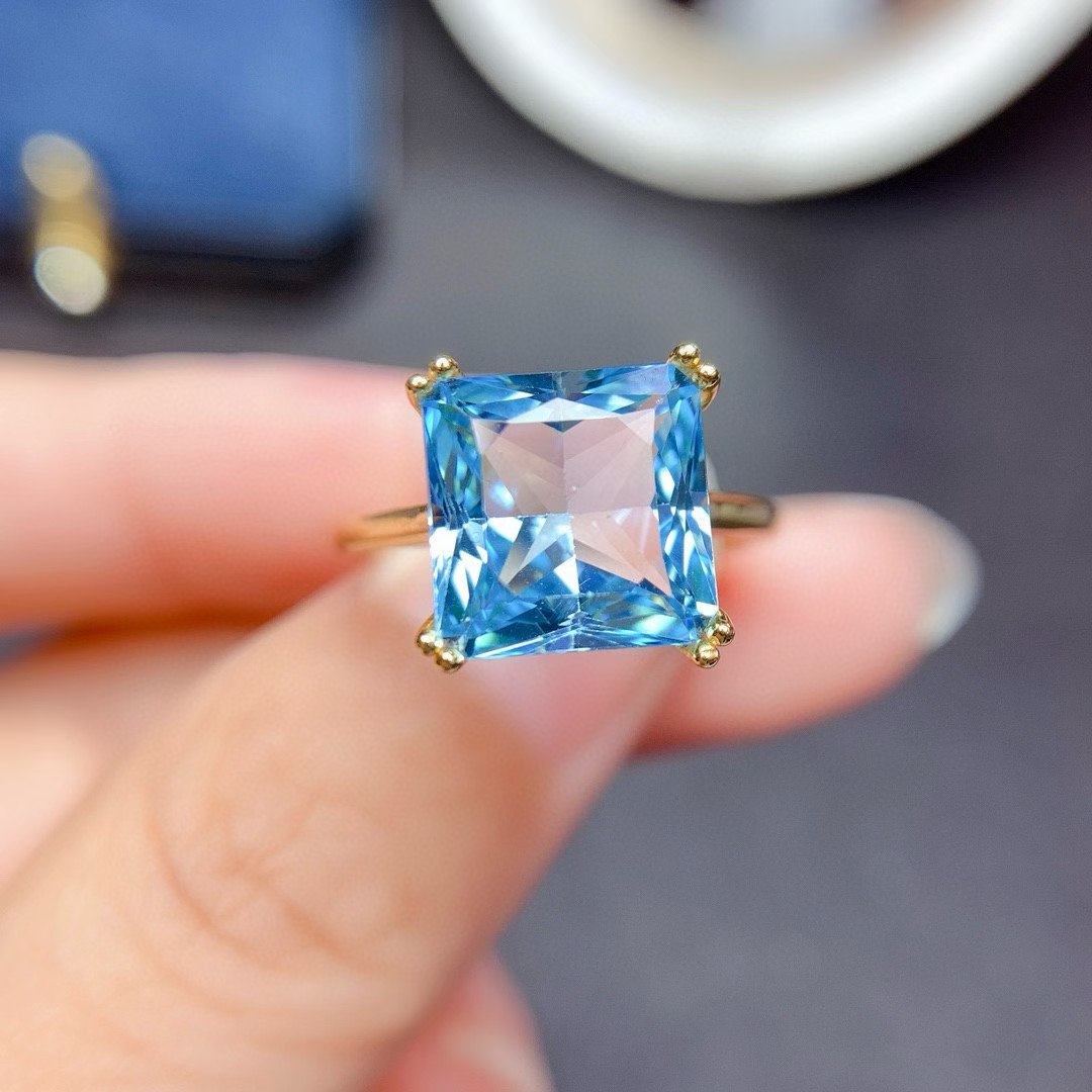 Pure Light Blue Natural Topaz Ring 8mm*10mm 3ct London Blue Topaz 925 Silver Ring 18K Gold Plated Genuine Topaz Jewelry for Daily Wear